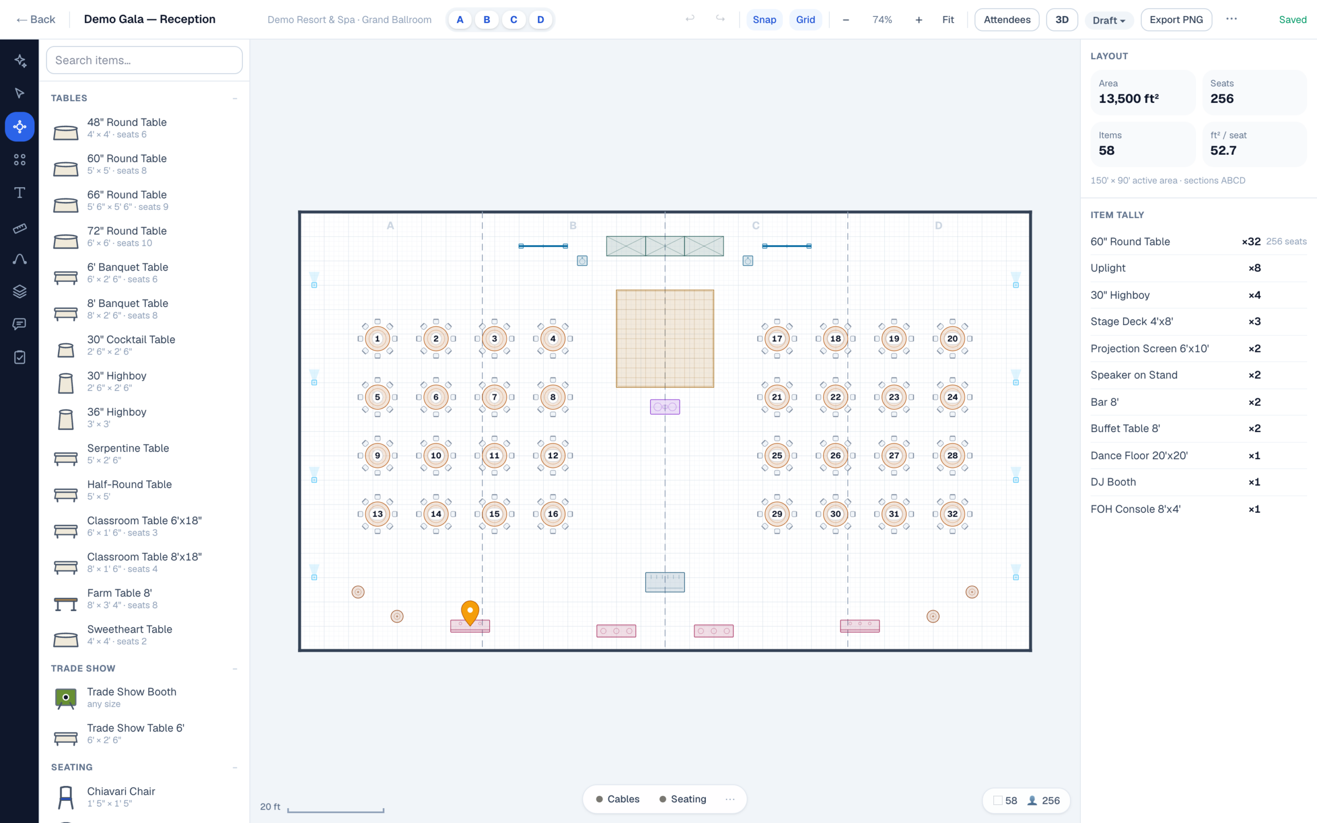 The EventDiagram editor generating a banquet layout of round tables across a ballroom with live seat counts