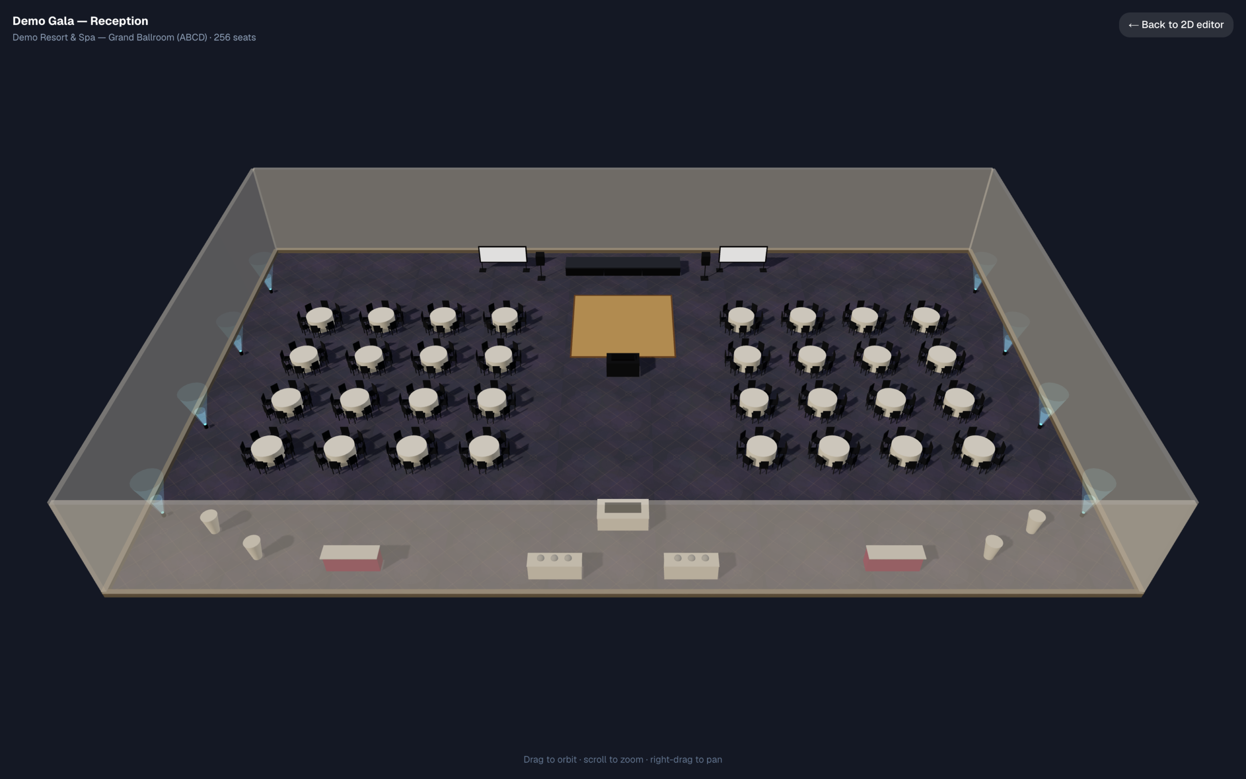 EventDiagram's 3D view of a ballroom: rounds with chairs, a stage and a projection screen standing at their real heights
