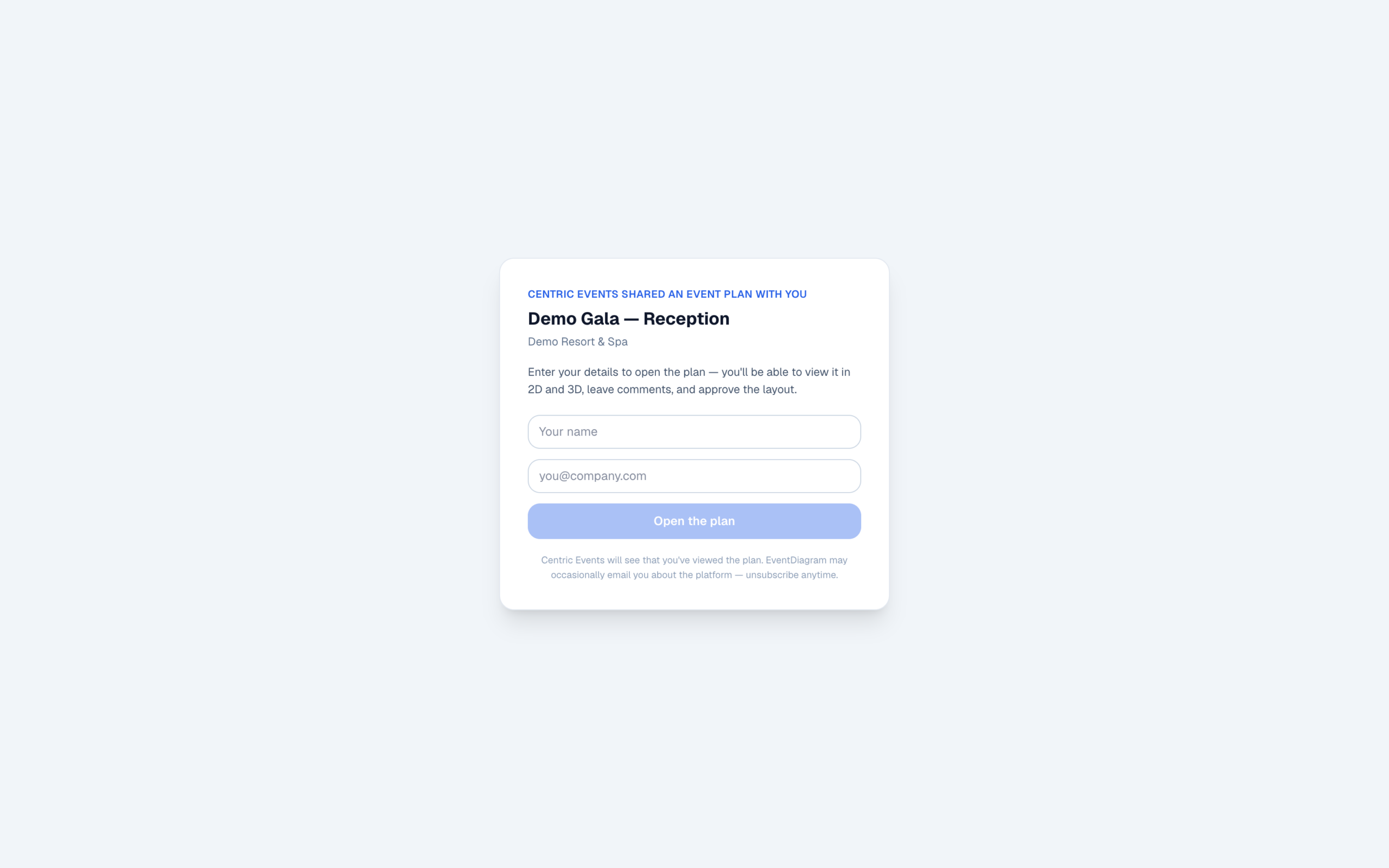 The email step on an EventDiagram share link, where a viewer identifies themselves before opening the plan
