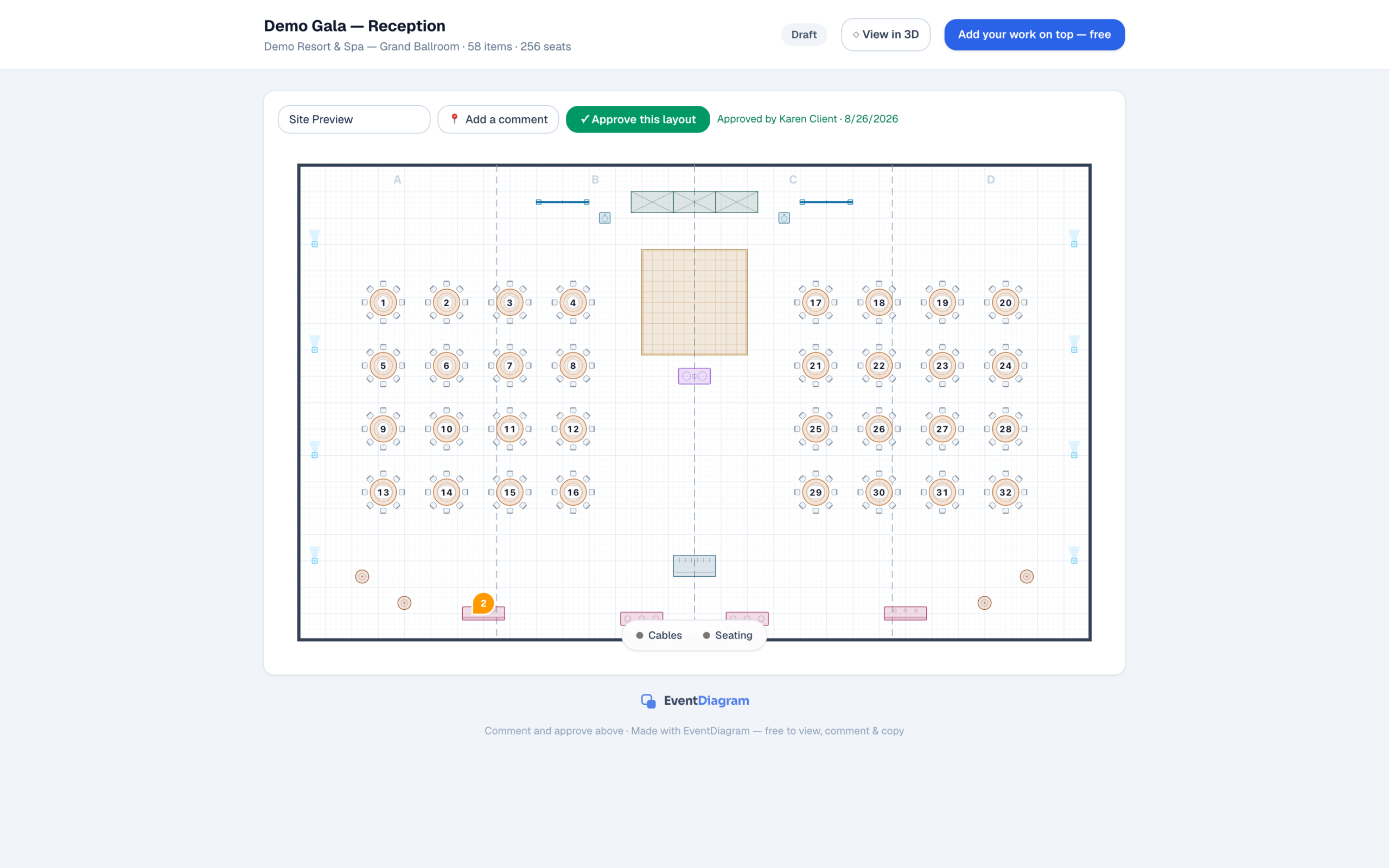 A shared diagram open in the browser with comment pins and an Approve button