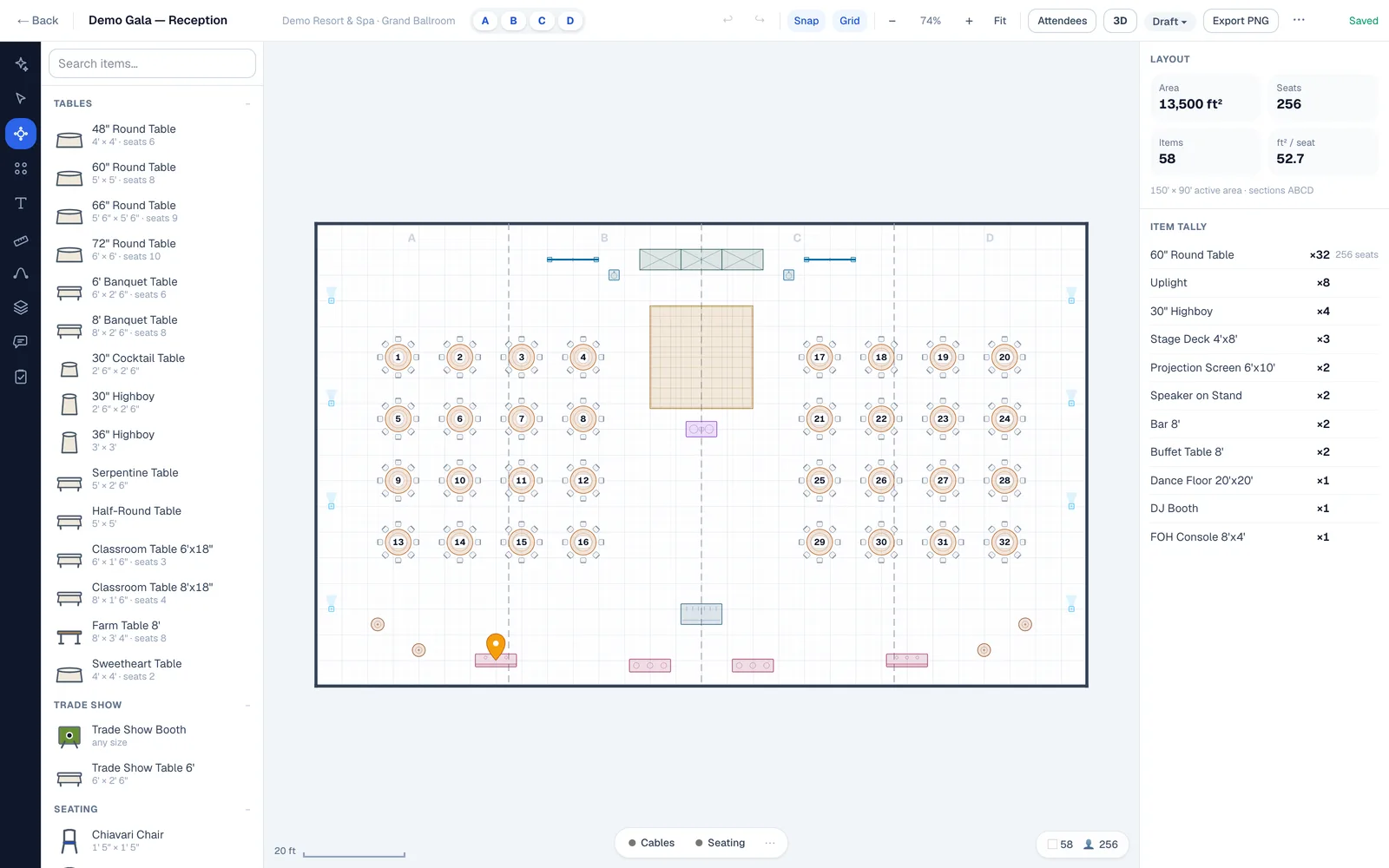 The EventDiagram editor: a Demo Gala reception in a Grand Ballroom with 32 rounds, stage, dance floor and live capacity statistics