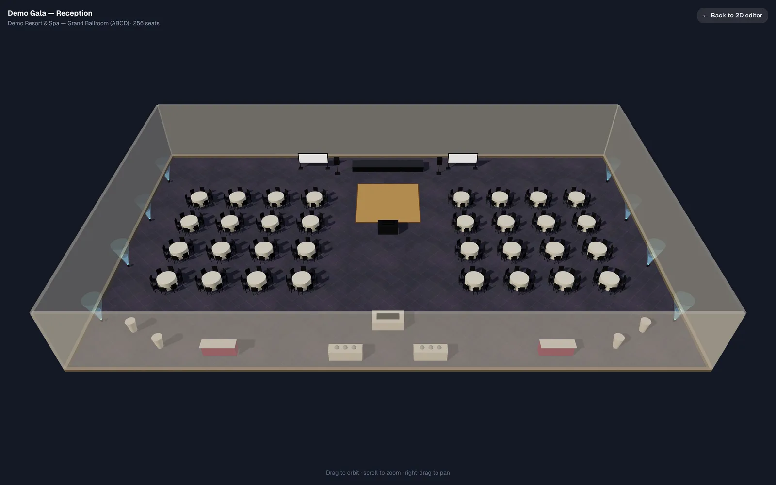 The same gala diagram in EventDiagram's 3D walkthrough: set rounds, stage with podium, projection screens and uplights
