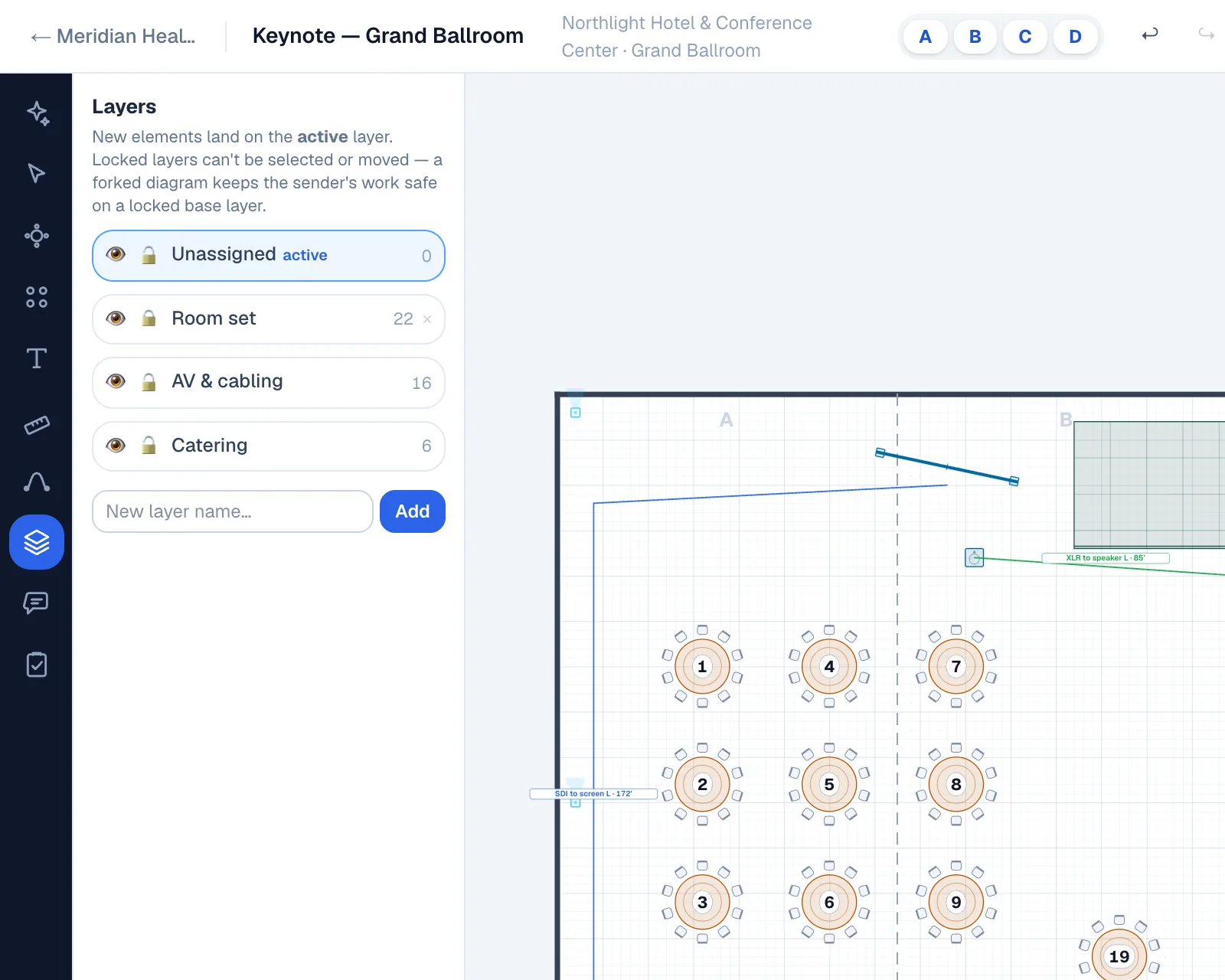 The Layers panel: Unassigned marked active, then Room set, AV & cabling and Catering with their object counts, a lock and an eye on each row, and a New layer field