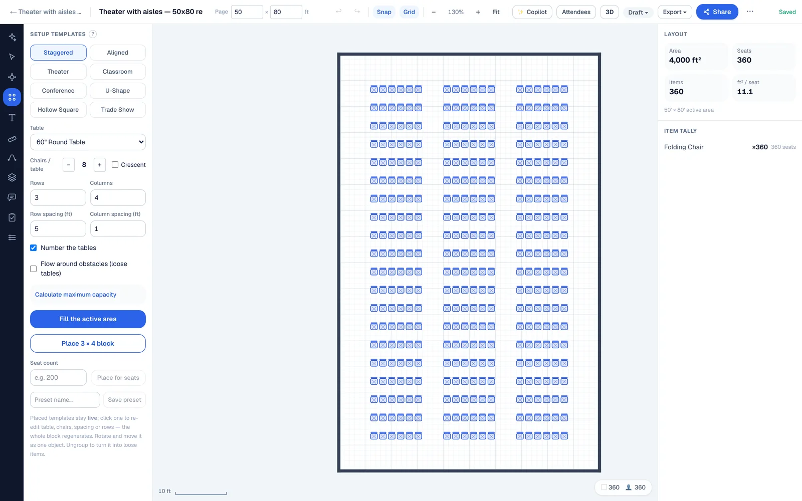 The Auto-Fill Setup panel in EventDiagram listing the layout engines available — staggered, aligned, theater, classroom, conference, U-shape, hollow square and trade show — with row and column spacing controls in feet