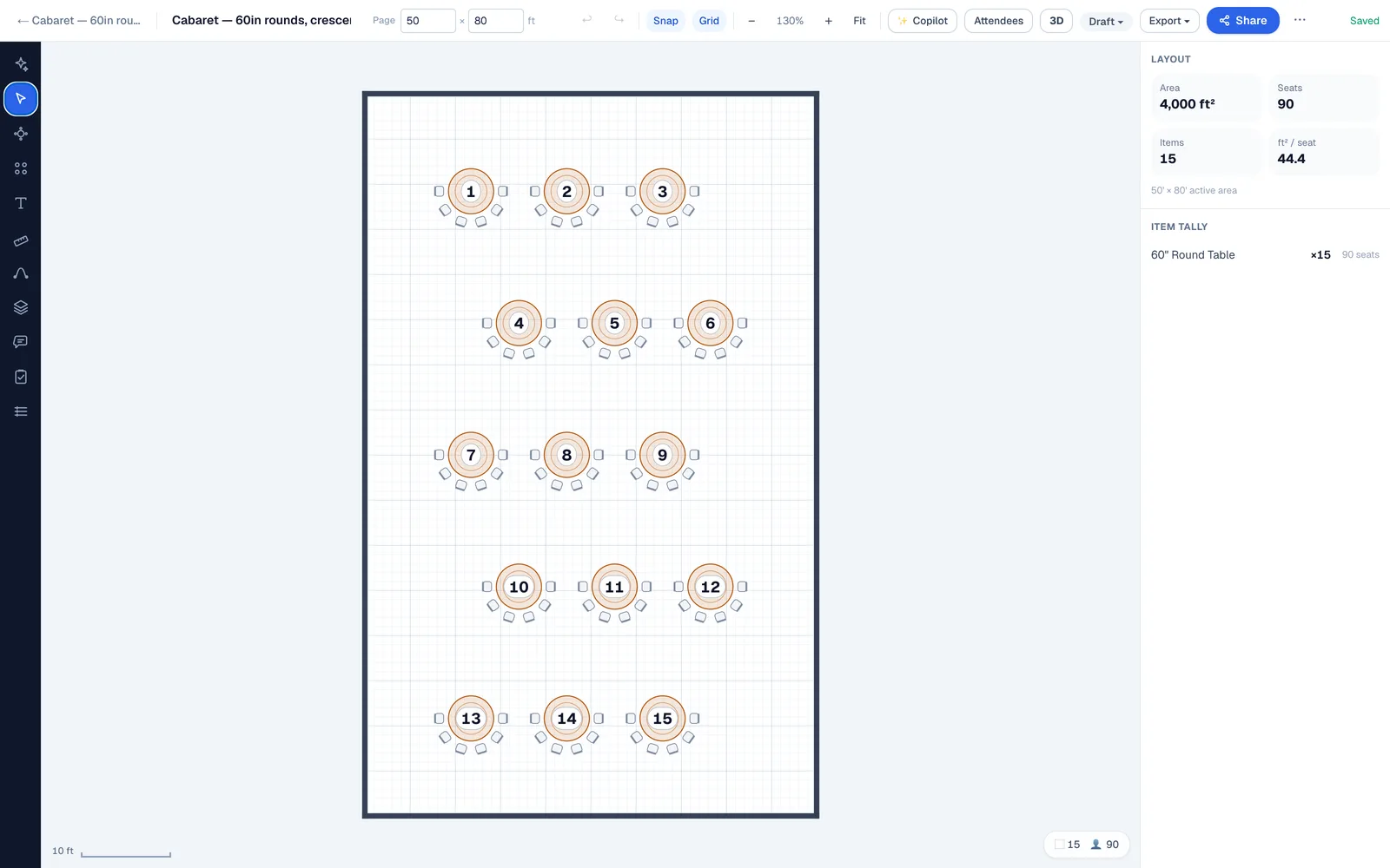 To-scale cabaret seating plan in EventDiagram: fifteen 60-inch round tables with six chairs each on the back half of every table so all guests face the front of a 50 by 80 foot room, seating 90