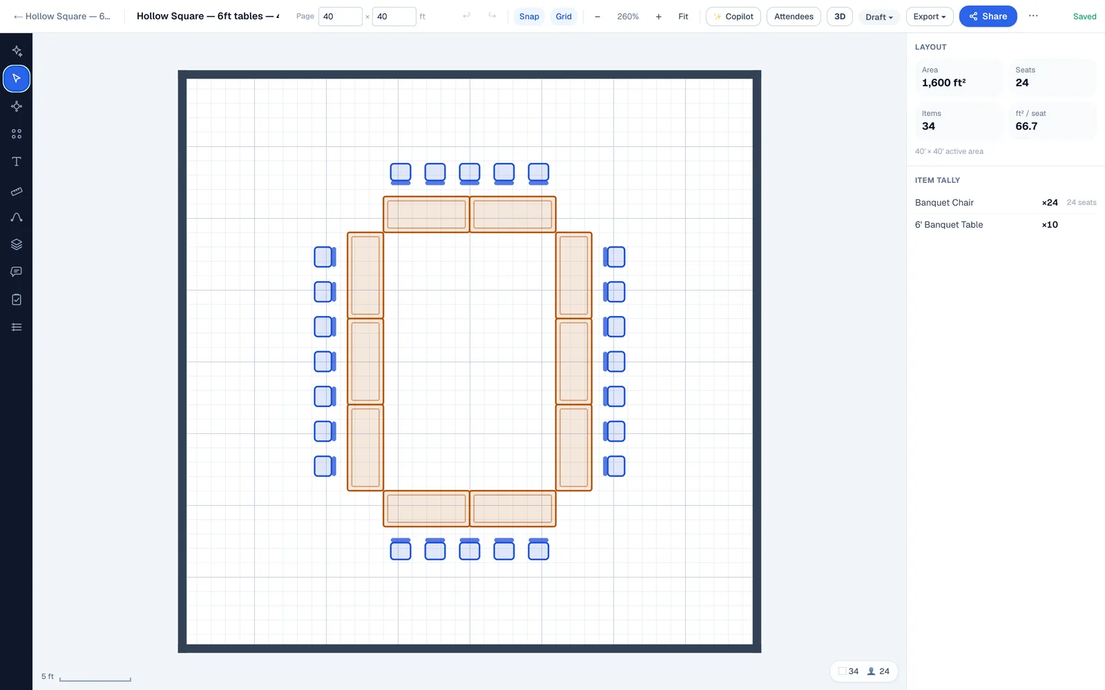 To-scale hollow square seating plan in EventDiagram: eleven 6-foot banquet tables forming a closed rectangle with 24 banquet chairs on the outside facing in, in a 40 by 40 foot meeting room