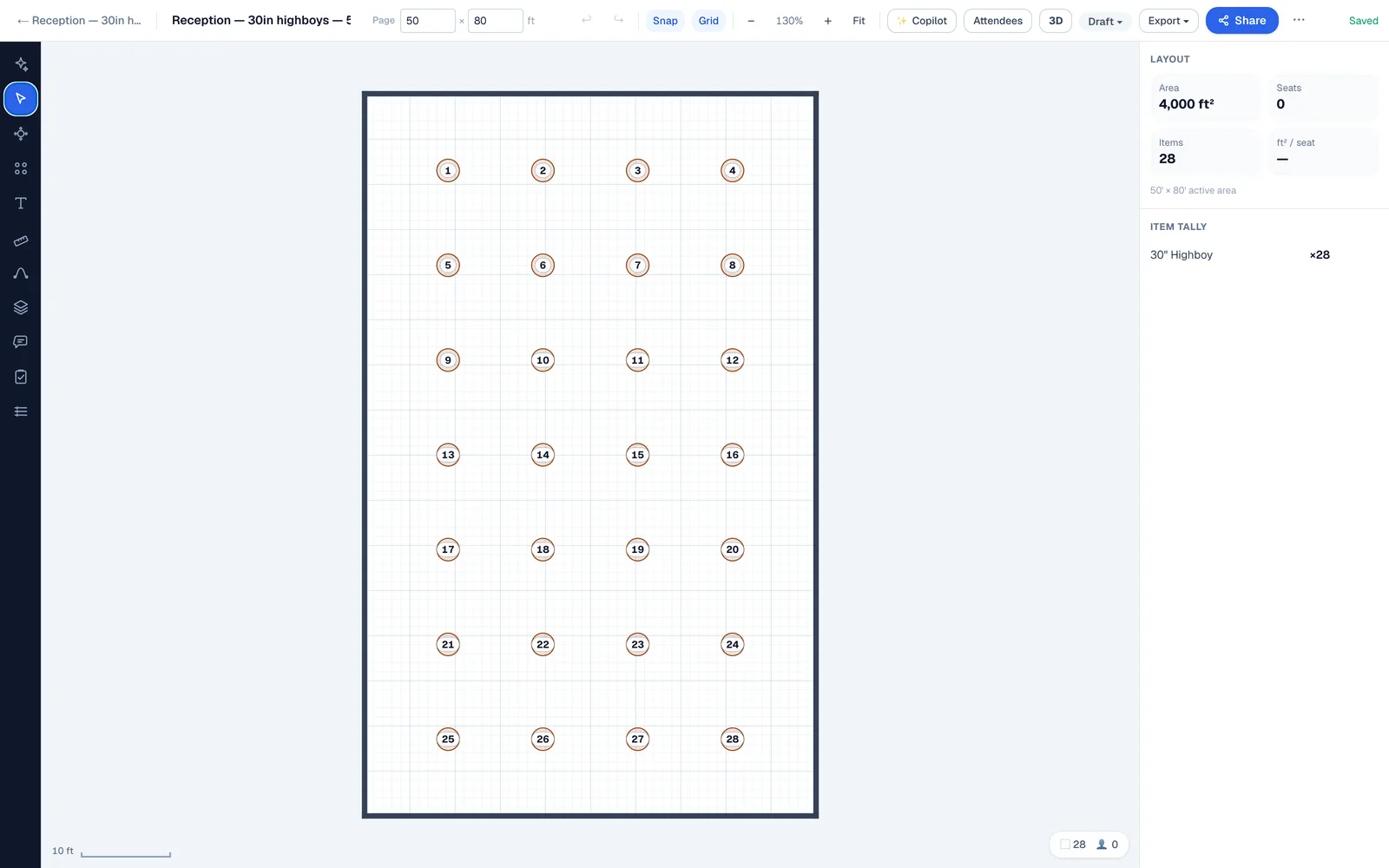 To-scale standing reception plan in EventDiagram: twenty-eight 30-inch highboy tables spaced eight feet apart across a 50 by 80 foot room, with no chairs