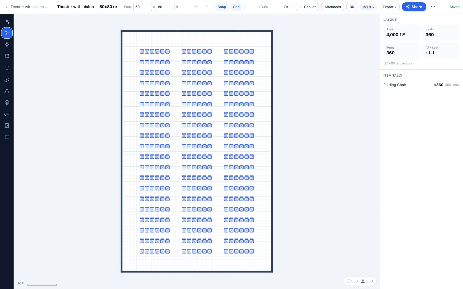 To-scale theater seating plan in EventDiagram: three blocks of folding chairs, twenty rows of six, separated by two four-foot egress aisles in a 50 by 80 foot room, totalling 360 seats at 11.1 square feet per seat