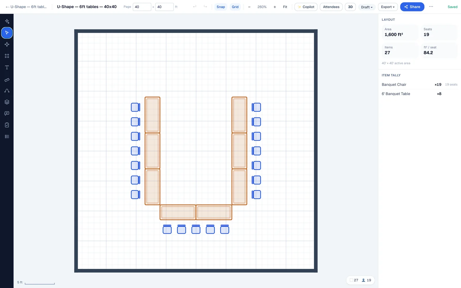 To-scale U-shape seating plan in EventDiagram: eight 6-foot banquet tables forming a U three tables deep with 19 banquet chairs on the outside facing in, open toward the front of a 40 by 40 foot meeting room