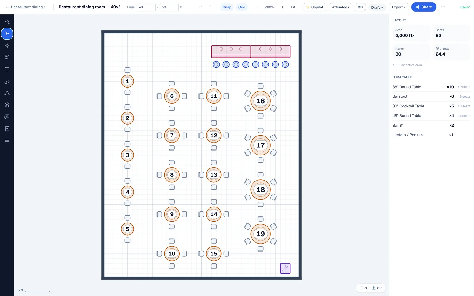 To-scale restaurant floor plan in EventDiagram: a 40 by 50 foot dining room with a 16-foot bar and eight stools along the top wall, five two-top tables down the left wall, ten four-top rounds in two centre columns, four six-top rounds down the right wall and a host stand at the door, seating 82 covers