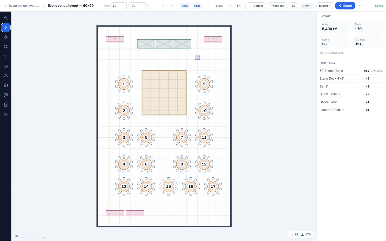 To-scale gala floor plan in EventDiagram: a 60 by 90 foot hall with a 24-foot stage and lectern at the top, a bar in each top corner, a 20 by 20 foot dance floor in the centre, seventeen 60-inch round tables of ten around it and two buffet lines along the bottom wall, seating 170 guests