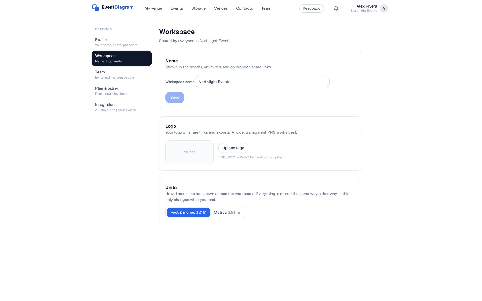 Workspace settings: name, logo and units
