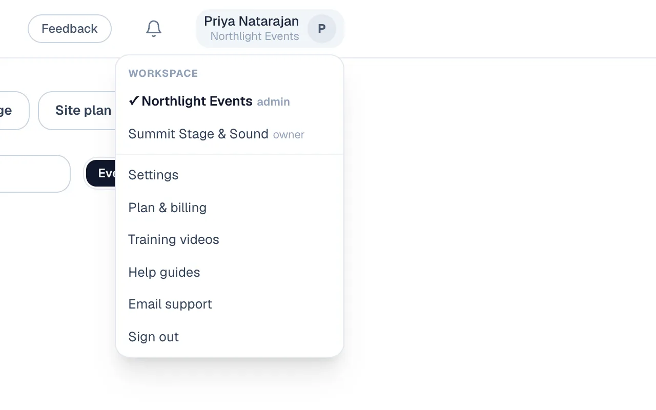 The user menu open, showing a Workspace section listing two workspaces with a check beside the active one