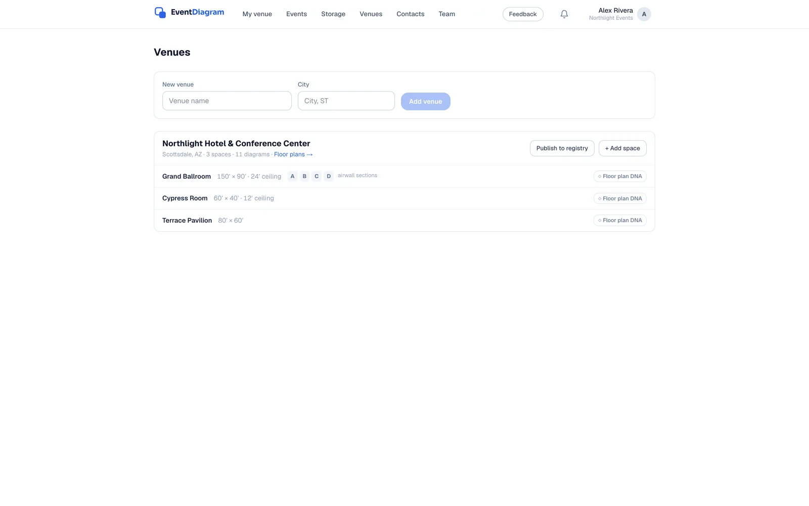 The Venues page of a workspace listing a hotel with its event spaces