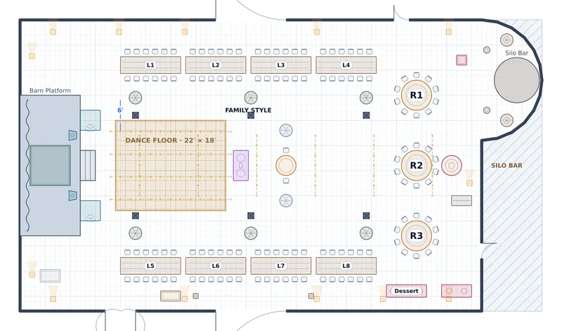 Reception — Timber Barn — a to-scale floor plan of Timber Barn at Thornbury Barn & Vineyard, 128 at dinner