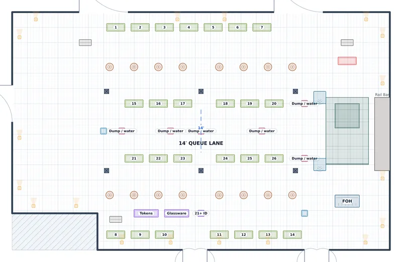 Beer Festival — Foundry Hall — a to-scale floor plan of Foundry Hall at The Ironworks, 28 stations, 900 standing