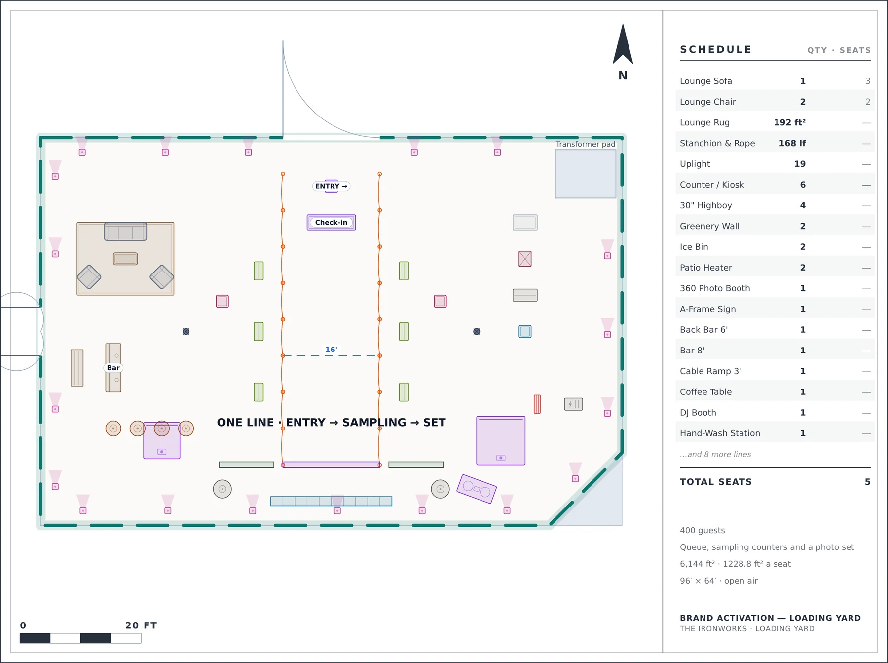 To-scale floor plan: Brand Activation — Loading Yard at The Ironworks — 400 guests, Queue, sampling counters and a photo set