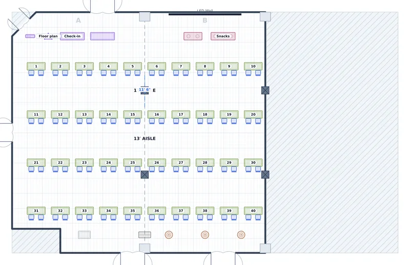 Career Fair — Union Ballroom A+B — a to-scale floor plan of Union Ballroom at Kestrel University — Whitlock Memorial Union, 40 employers