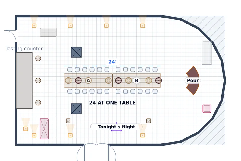 Wine Club Dinner — The Cellar — a to-scale floor plan of The Cellar at Thornbury Barn & Vineyard, 24 at dinner