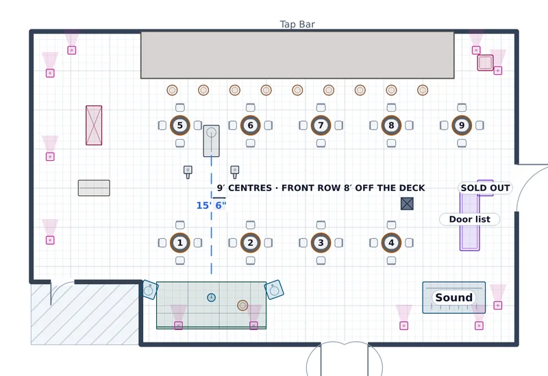 Comedy Night — The Taproom — a to-scale floor plan of The Taproom at The Ironworks, 40 at cabaret