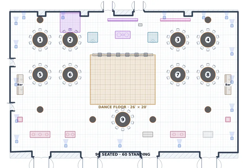 Holiday Party — Four Peaks Ballroom — a to-scale floor plan of Four Peaks Ballroom at ADERO Scottsdale Resort, Autograph Collection, 90 seated, 60 standing