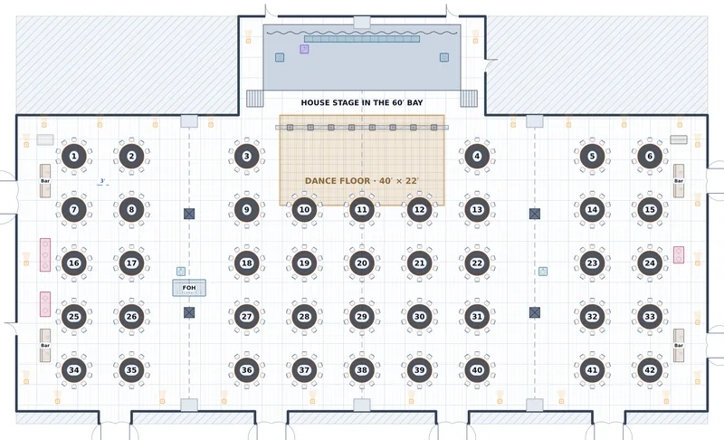 Convention Banquet — Sovereign Ballroom — a to-scale floor plan of Sovereign Ballroom at The Carrick Hotel & Convention Center, 420 at dinner
