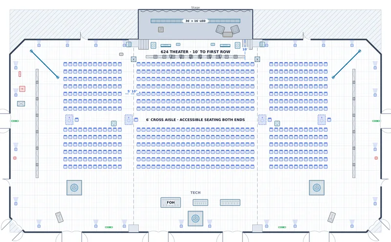 General Session — Grand Ballroom — a to-scale floor plan of Grand Ballroom at The Peregrine Hotel & Conference Center, 624 theater