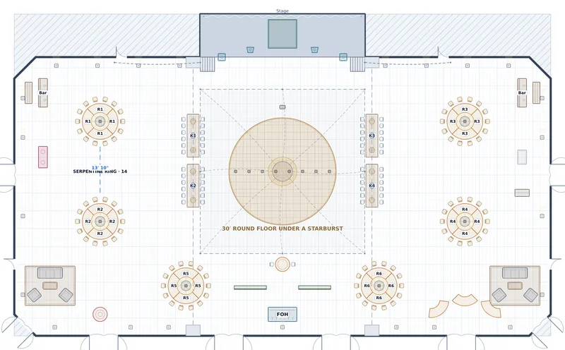 Couture Reception — Grand Ballroom — a to-scale floor plan of Grand Ballroom at The Peregrine Hotel & Conference Center, 134 at dinner