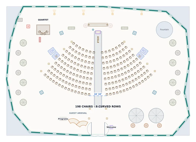 Ceremony — Cypress Lawn — a to-scale floor plan of Cypress Lawn at Marisol Estate, 198 chairs