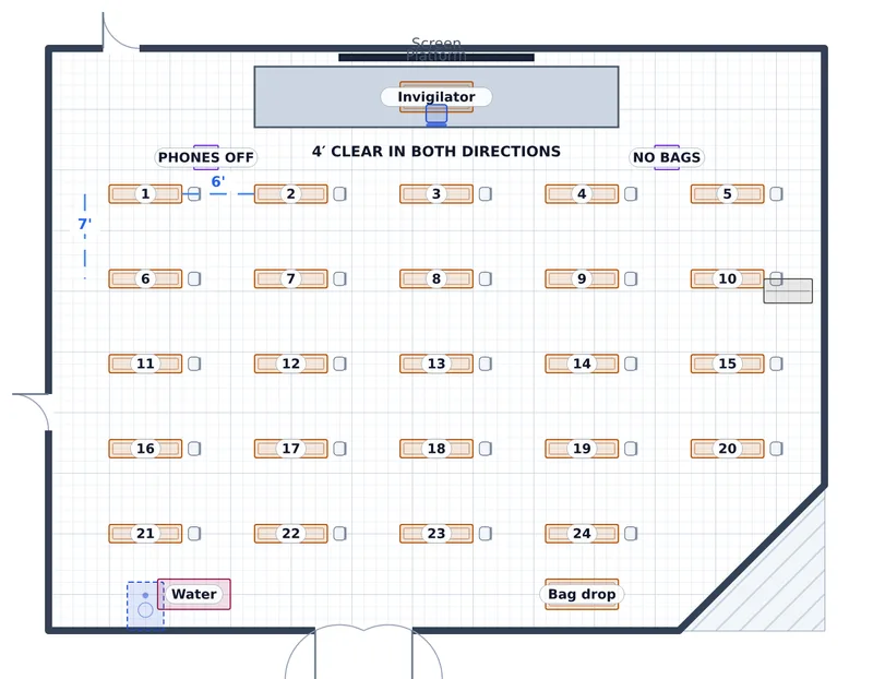 Final Exam — Torrey Seminar Hall — a to-scale floor plan of Torrey Seminar Hall at Kestrel University — Whitlock Memorial Union, 24 candidates