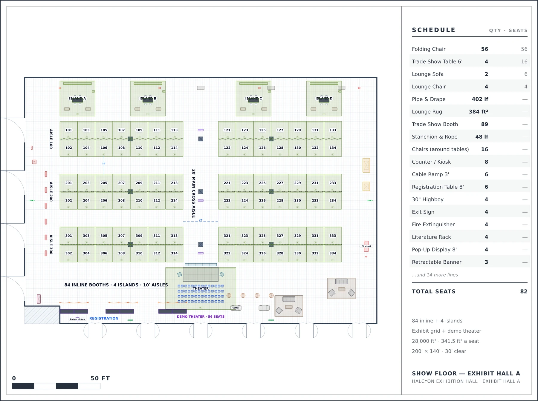 To-scale floor plan: Show Floor — Exhibit Hall A at Halcyon Exhibition Hall — 84 inline + 4 islands, Exhibit grid + demo theater
