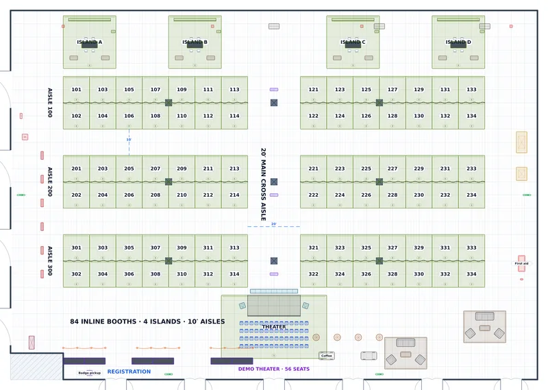Show Floor — Exhibit Hall A — a to-scale floor plan of Exhibit Hall A at Halcyon Exhibition Hall, 84 inline + 4 islands