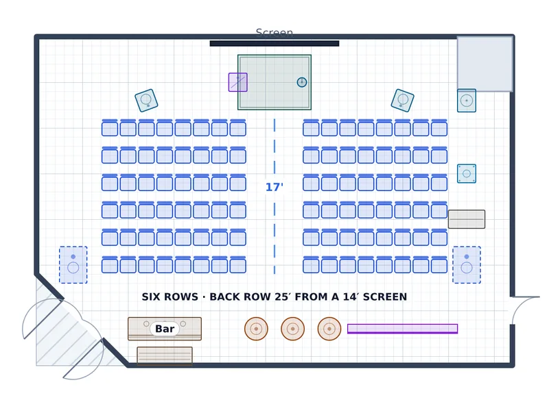 Premiere Screening — Vellum Studio — a to-scale floor plan of Vellum Studio at The Peregrine Hotel & Conference Center, 96 seated