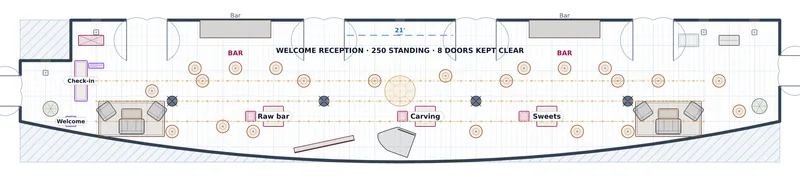 Welcome Reception — Grand Foyer — a to-scale floor plan of Grand Foyer at The Peregrine Hotel & Conference Center, 250 standing