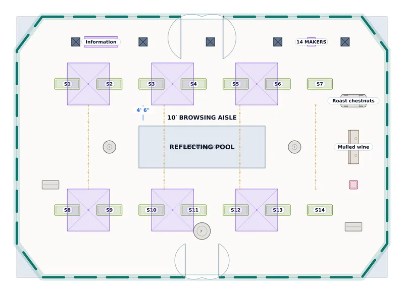 Holiday Market — Sculpture Court — a to-scale floor plan of Sculpture Court at The Atheneum, 14 stalls