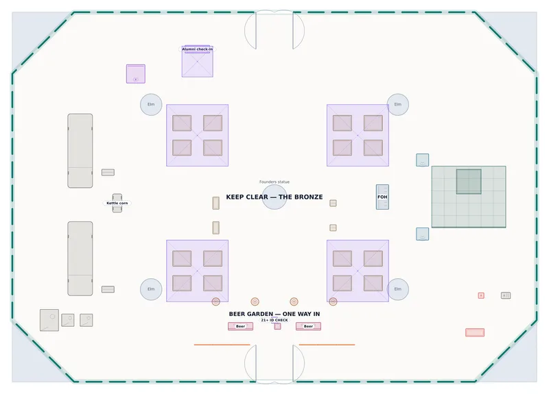 Homecoming Tailgate — Founders Quad — a to-scale floor plan of Founders Quad at Kestrel University — Whitlock Memorial Union, 96 seated, 600 standing