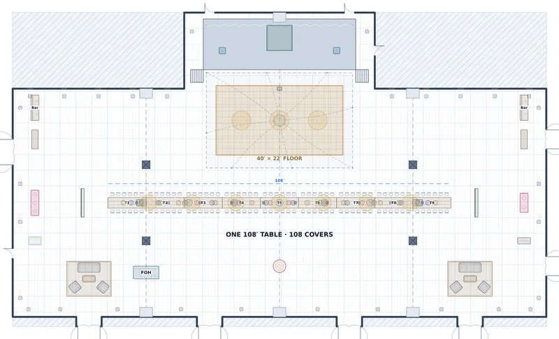 Imperial Table Reception — Sovereign Ballroom — a to-scale floor plan of Sovereign Ballroom at The Carrick Hotel & Convention Center, 108 at dinner