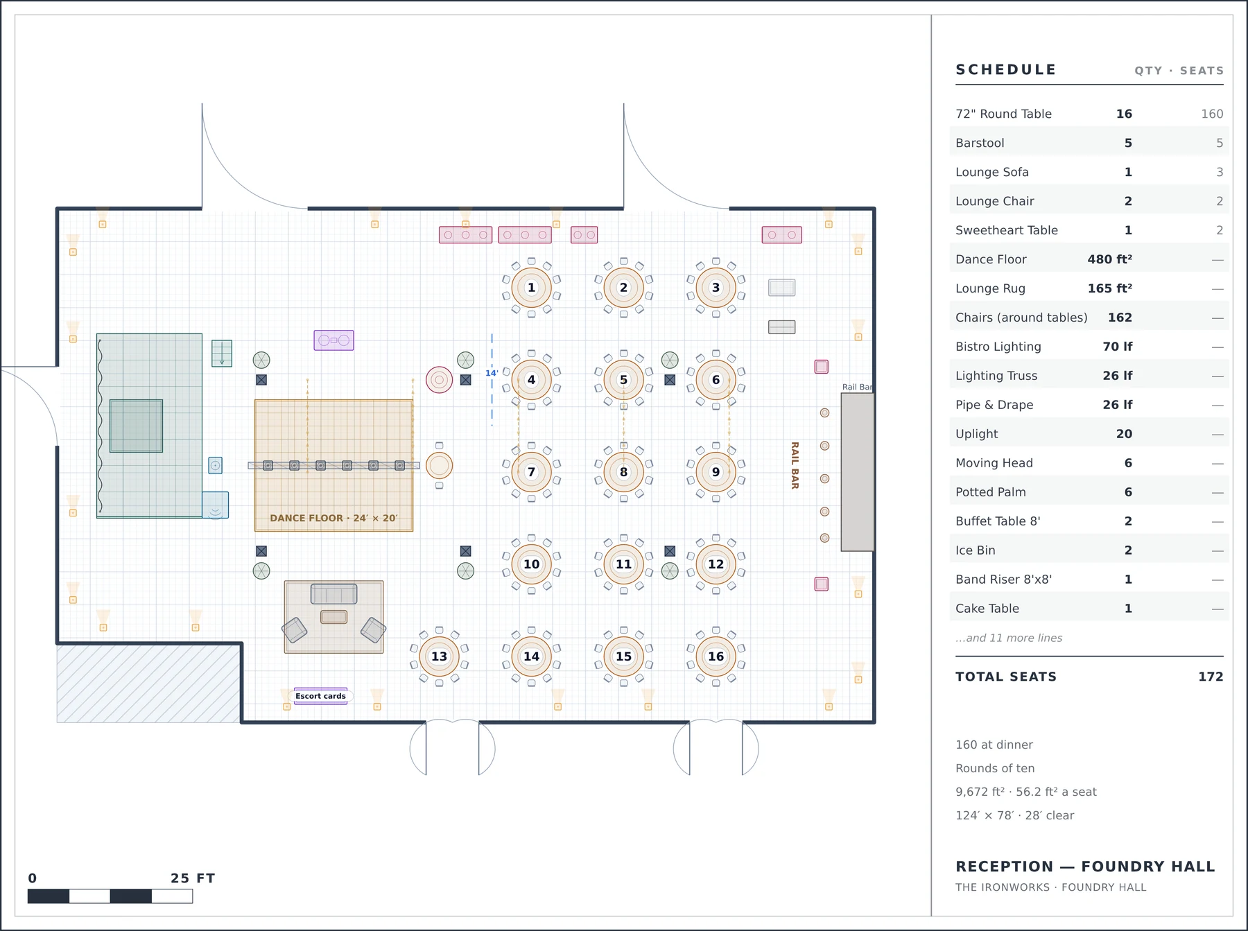 To-scale floor plan: Reception — Foundry Hall at The Ironworks — 160 at dinner, Rounds of ten