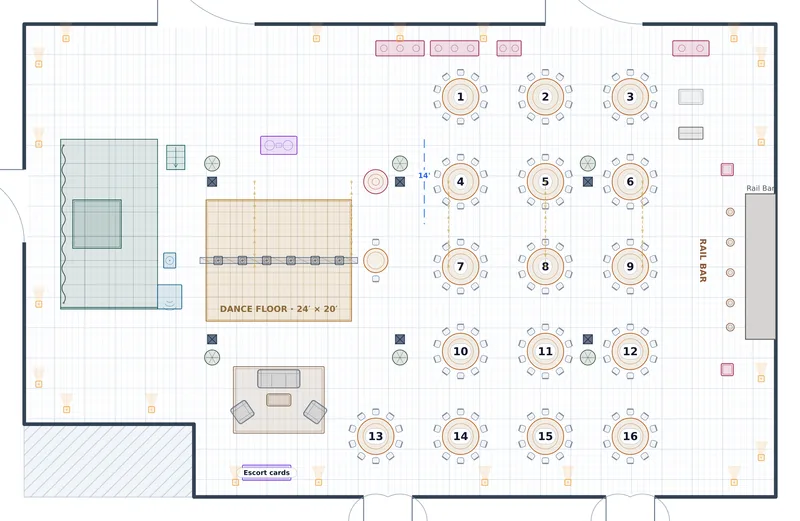 Reception — Foundry Hall — a to-scale floor plan of Foundry Hall at The Ironworks, 160 at dinner