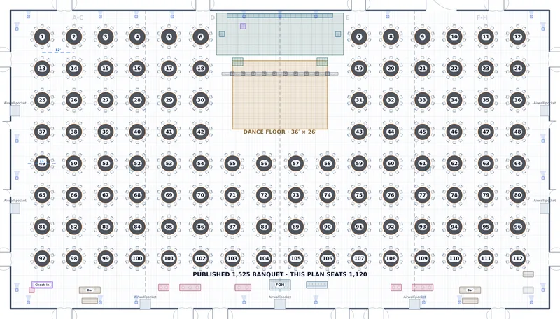Gala Dinner — Lone Star Ballroom — a to-scale floor plan of Lone Star Ballroom at JW Marriott Austin, 1,120 at dinner
