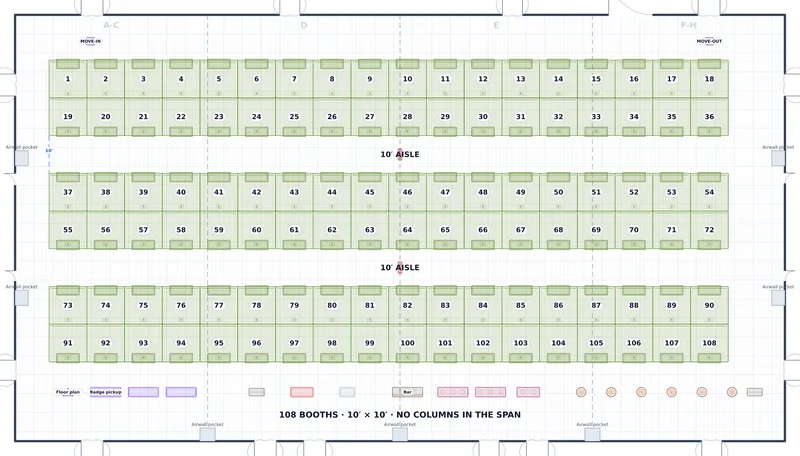Exhibition — Lone Star Ballroom — a to-scale floor plan of Lone Star Ballroom at JW Marriott Austin, 108 booths