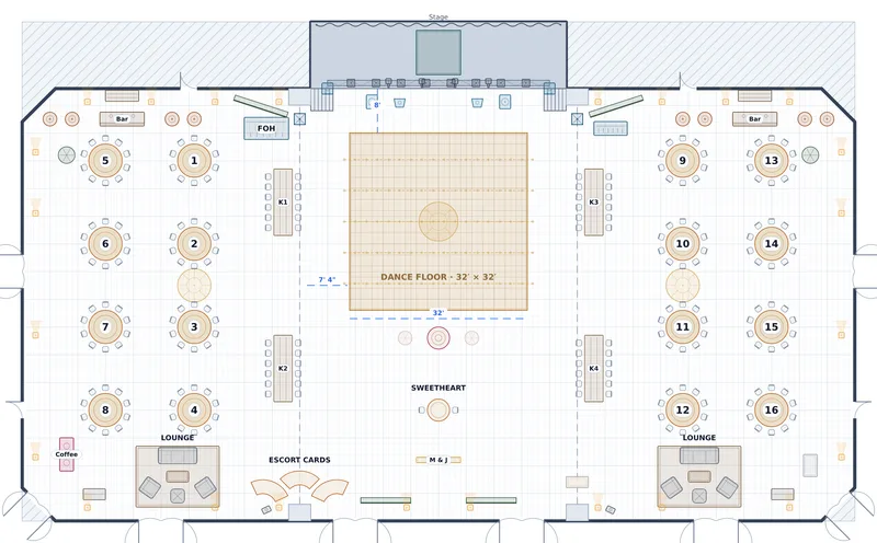 Reception — Grand Ballroom — a to-scale floor plan of Grand Ballroom at The Peregrine Hotel & Conference Center, 210 at dinner