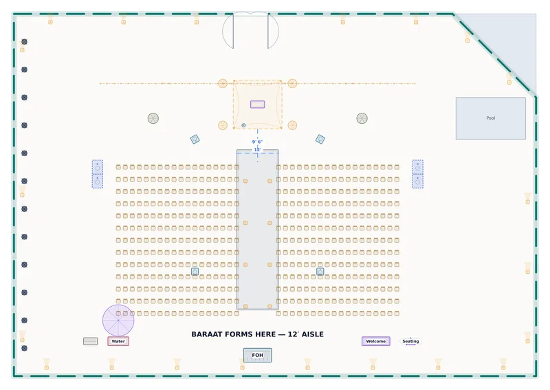 Mandap Ceremony — Olive Grove Pavilion — a to-scale floor plan of Olive Grove Pavilion at Marisol Estate, 468 chairs