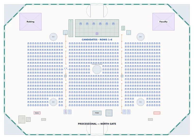 Commencement — Founders Quad — a to-scale floor plan of Founders Quad at Kestrel University — Whitlock Memorial Union, 984 chairs