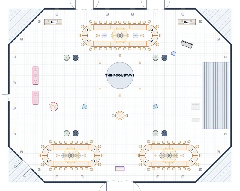 Oval-Table Reception — Glass Atrium — a to-scale floor plan of Glass Atrium at The Atheneum, 80 at dinner