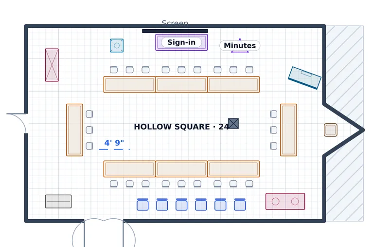 Council Meeting — Guild Room — a to-scale floor plan of Guild Room at St. Cecilia's Parish Center, 24 seated, 6 observing