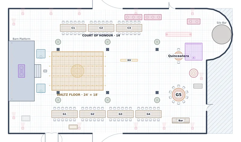 Quinceañera — Timber Barn — a to-scale floor plan of Timber Barn at Thornbury Barn & Vineyard, 96 at dinner