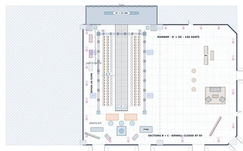 Runway — Grand Ballroom B+C — a to-scale floor plan of Grand Ballroom at The Peregrine Hotel & Conference Center, 156 seats