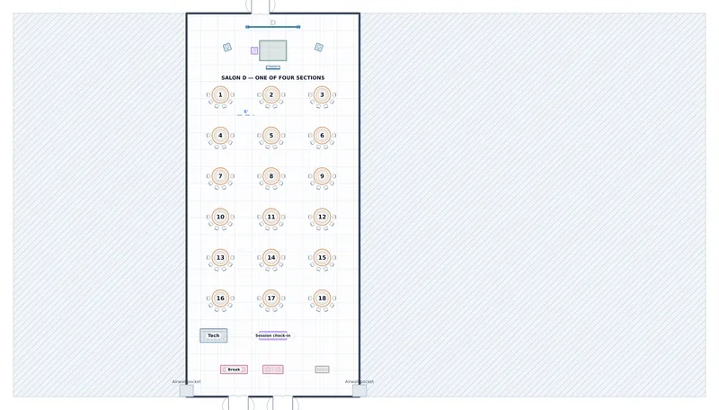Breakout — Salon D — a to-scale floor plan of Lone Star Ballroom at JW Marriott Austin, 108 in crescents