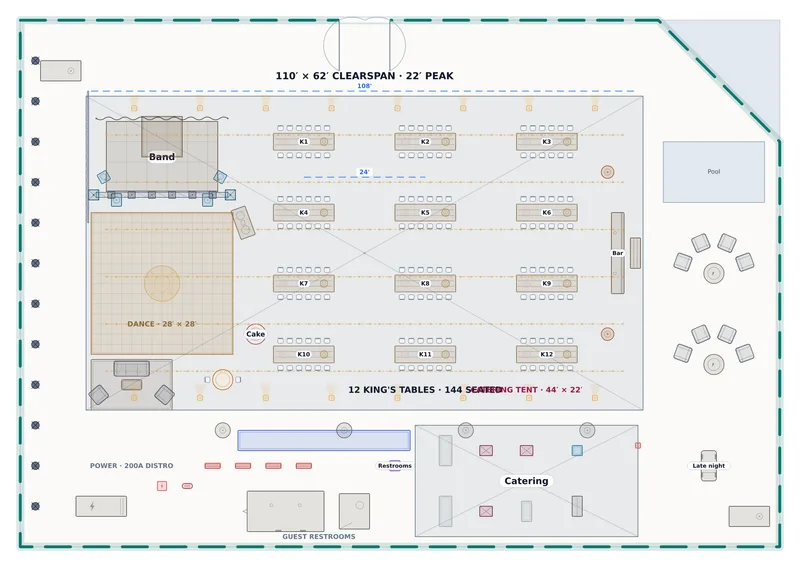 Reception — Olive Grove Pavilion — a to-scale floor plan of Olive Grove Pavilion at Marisol Estate, 144 seated